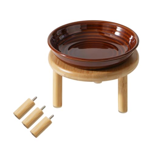 Havniva Elevated Cat Bowls, Ceramic Cat Bowl with Bamboo Stand Wide Opening | 5.7” Raised Cat Food Bowls, Whisker Friendly Cat Dish, Anti-Slip Cat Water Bowls, Shallow Cat Bowls, Cat Food & Water Bowl - color: Brown