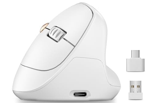 Ergonomic Vertical Wireless Mouse, 57°, Small/Medium Hands, White | Rechargeable, Quiet Click, 800/1200/1600 DPI, 2.4GHz USB Receiver, Forward/Back Buttons, Computer Mouse for Laptop PC Mac - color: White