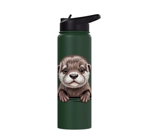 Cute Otter Pup Funny Peeking Pocket Animals Stainless Steel Insulated Water Bottle - color: Dark Green