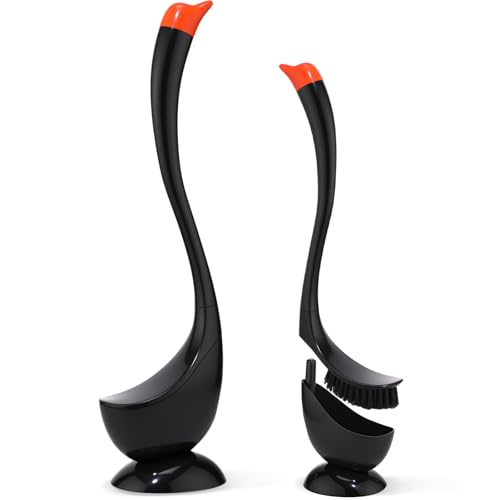 Honeydak Funny Swan Duck Toilet Bowl Brush and Holder Cute Toilet Brush Cleaner Scrubber Set Novelty Animal Girly Unique Creative Bathroom Decor with Plastic Long Handle for Deep Cleaning(Black,Swan) - color: Black, style: Swan