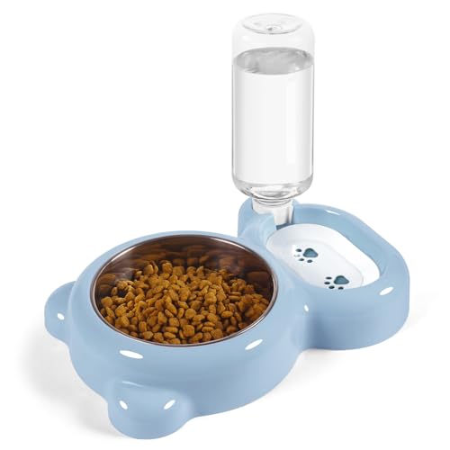 Dog Bowls, Cat Food and Water Bowl Set with Water Dispenser and Stainless Steel Bowl for Cats and Small Dogs - Light Blue - color: Light Blue