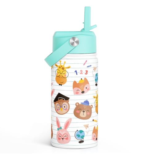 SANDJEST Animal Kids Water Bottle with Straw Lid 12oz Insulated Stainless Steel, Travel Tumbler, Gifts for Girls, Birthday, Christmas, Back to School - color: Animal 2
