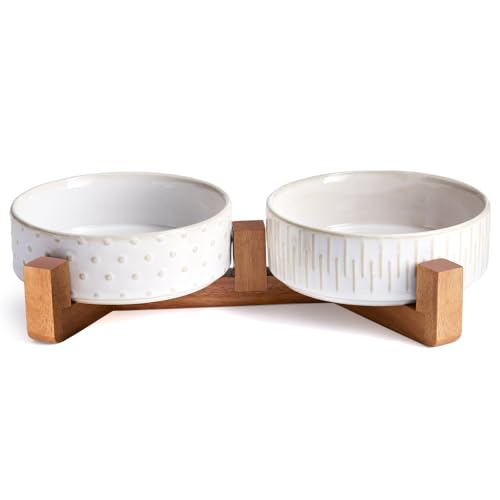 Ceramic Dog Bowl Set with Acacia Wood Stand, Ceramic Pet Bowls | 1.5–2 Cups Food & 15oz Water, Lead-Free, Smooth Glaze with Non-Slip Base for Cats and Small Dogs
