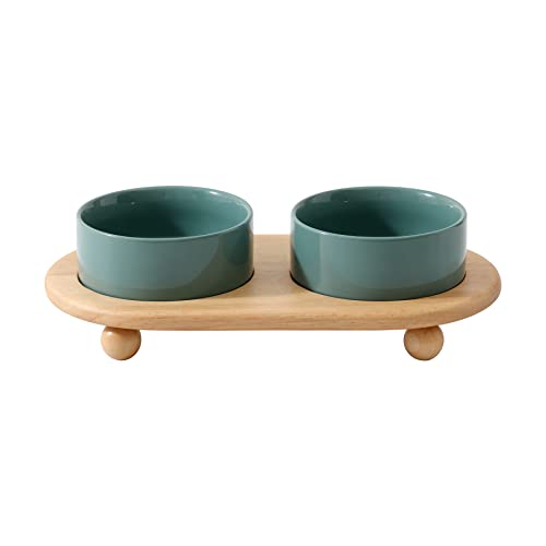 Havniva Raised Cat Bowl 5.1” Elevated Ceramic Cat Food and Water Bowl Set | Cat Bowls Elevated, Whisker Friendly Cat Bowl, Non-Slip Wood Stand, Food-Grade Ceramic, Wide Opening, Dishwasher Safe - color: 2 x Bowl + Stand - Dark Green, size: 5.1inch