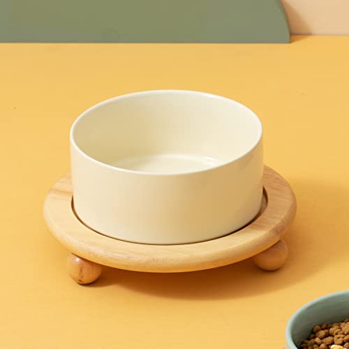 Havniva Raised Cat Bowl 5.1” Elevated Ceramic Cat Food and Water Bowl | Cat Bowls Elevated, Whisker Friendly Cat Bowl, Non-Slip Wood Stand, Food-Grade Ceramic, Wide Opening, Dishwasher Safe - color: 1 x Bowl + Stand - Light Yellow, size: 5.1inch