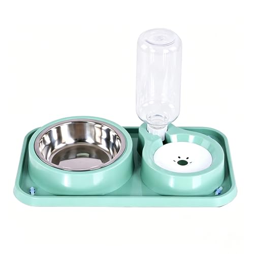 J&L VVMEET Non-Slip Dog Cat Food and Water Bowls Set with Water Dispenser | Dog Bowls Detachable Stainless Steel Bowl Gravity Pet Feeder and Waterer Set Automatic Water Refill for Cat Dog Puppy Rabbit - color: Green, size: Water Capacity: 500ML
