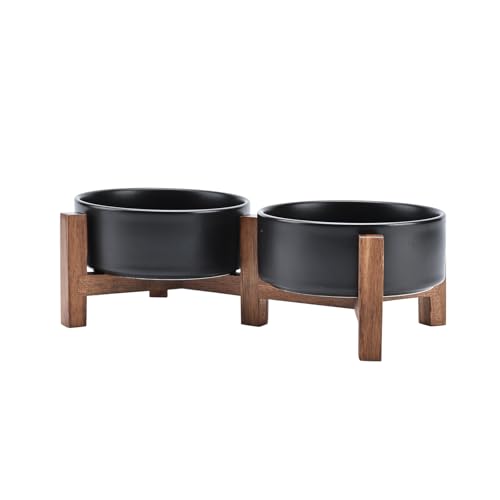 SPUNKYJUNKY Ceramic Dog Bowls with Acacia Wood Stand - Raised Dog Food and Water Bowl Set for Small Dogs (13.52 OZ, Black) - color: Black, size: 13.52 Oz