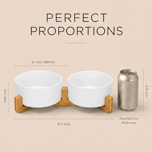 SPUNKYJUNKY Ceramic Dog and Cat Bowl with Wood Stand Non-Slip Matte Glaze Weighted Food Water Set for Cat Medium Dog 28.7 OZ - color: White × 2, size: 3.6 cups