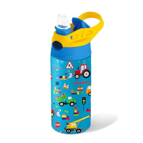 Construction Gifts 12 oz Water Bottle with Straw – Kids Stainless Steel Vacuum Insulated Cup, Leakproof Pop-Up Spout, Reusable Travel Mug for Boys and Girls Outdoor Sports - Under Construction - color: Car1