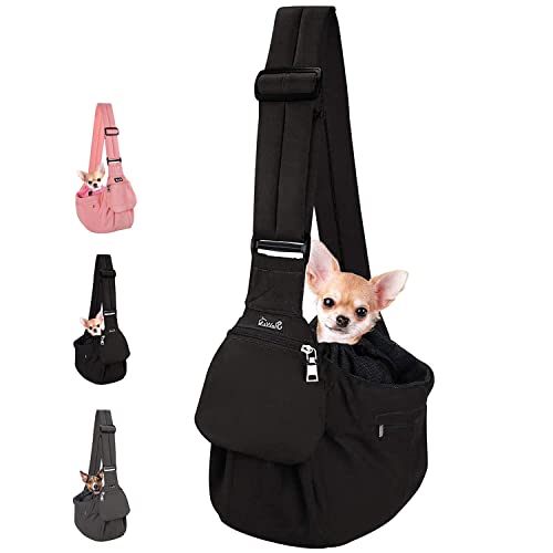 Lukovee Pet Sling, Small Pet Carrier, Hard Bottom Support & Safety Hook | Adjustable Drawstring Opening, Comfortable Padded Shoulder Strap, Zipper Pocket, Dog Slings Purse for Small Dog Cat (Black) - color: Black