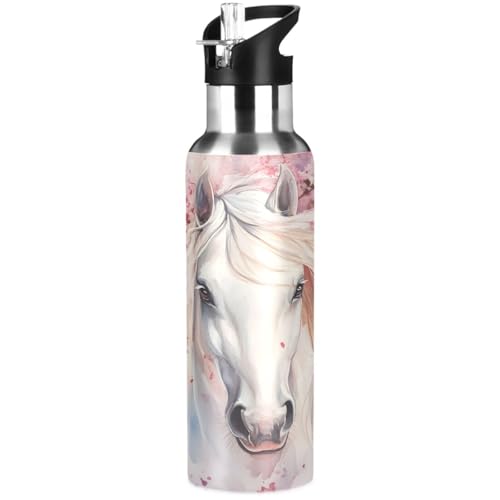 Horse Cherry Blossom Girls Water Bottle Insulated Sports Vacuum Stainless Steel Mug with Straw Lid & Handle 20 oz - color: D16
