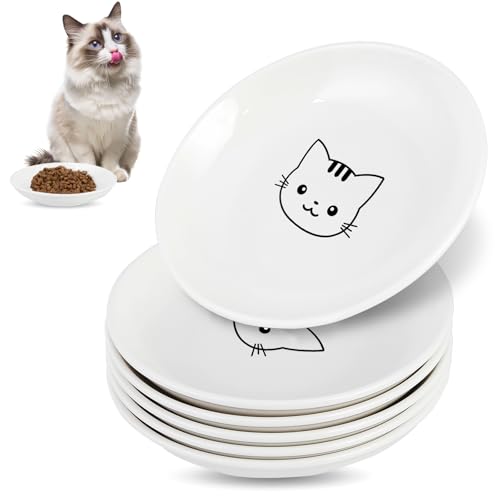 6 Pack Cat Food Bowl, Ceramic Cat Bowls, Anti Whisker Fatigue Cats Bowl Set | 5.5 Inches Shallow Wide Kitten Plates for Food and Water (White-C) - color: White-C