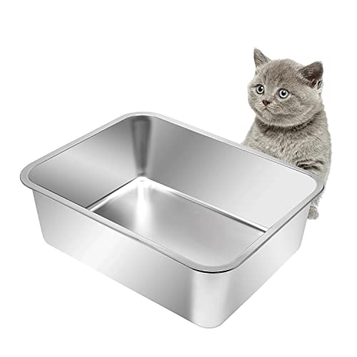 Kichwit Stainless Steel Cat Litter Box, Metal Cat Litter Pan, Kitten Litter Box Tray, Non Stick Smooth Surface (17.5" L x 13.5" W x 6" H) - size: 17.5" L x 13.5" W x 6" H (without Lid)