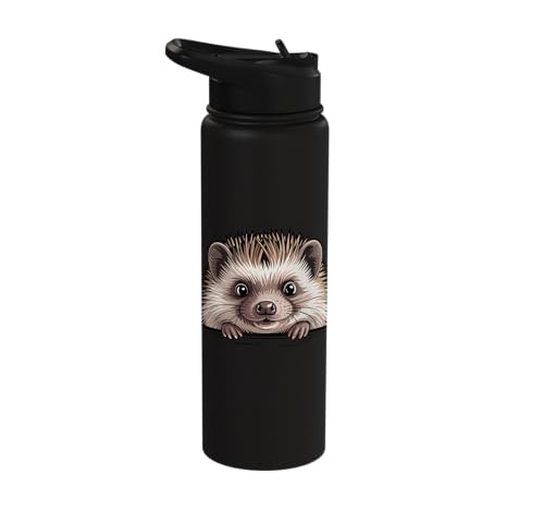 Hedgehog Cute Peeking Spiky Animal Lover Stainless Steel Insulated Water Bottle - color: Black