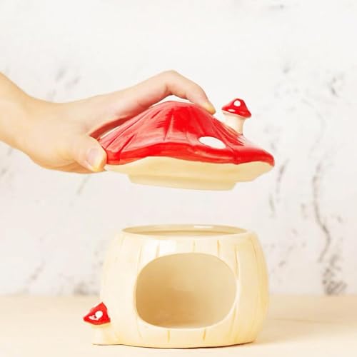 Ceramic Mushroom Hamster Hideout with Detachable Lid (Red) - Cute Hamster House, Habitat Decor for Dwarf Rabbits, Guinea Pigs, Chinchillas, and Small Pets