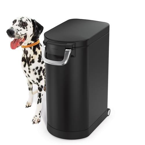 simplehuman Large Pet Food Storage Container, Holds 30-35 lb / 14-16 kg of Dry Dog Food, Cat Food, or Bird Seed, Airtight Lock-Tight Lid with Magnetic Scoop, BPA-Free, Matte Black Steel - color: Matte Black, size: Large