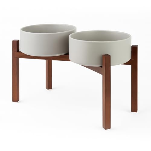 SPUNKYJUNKY Raised Ceramic Dog Bowls Set with Non-Slip Acacia Wood Stand for Large Sized Dog(60.87 OZ, Gray) - color: Gray, size: 60.87 Oz