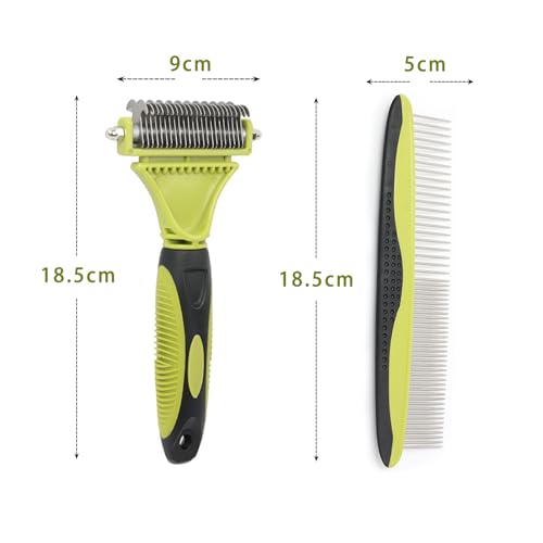 2-in-1 Pet Grooming Brush & Undercoat Rake, Double-Sided Hurtless Dematting Comb for Dogs & Cats, Universal Detangling, Shedding & Slicker Brush, Pet Grooming Tool for Removing Old Hair (Green)