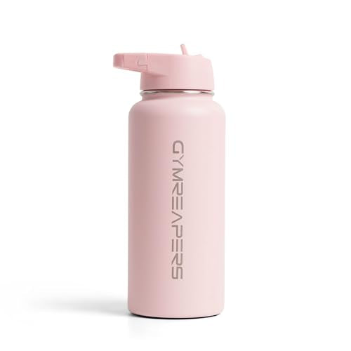 Gymreapers Insulated Water Bottle with Straw - 32 OZ Stainless Steel Water Bottles - BPA Free Metal Double Wall Vacuum Cold Hot Leakfree Flask Jug For Travel, Sports, Gym, School & Workout - color: Pink