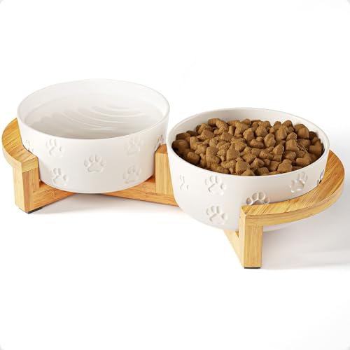 Ceramic Dog Bowl Set of 2, Anti-Skid Bamboo Stand, Elevated, 3.8 Cups Each | Thick Ceramic Food and Water Bowls Set of 2, Dishwasher Safe, Anti-Skid Rubber Base, 3.8 Cups per Bowl, Sturdy Bamboo Stand - color: White with Stand, size: Medium