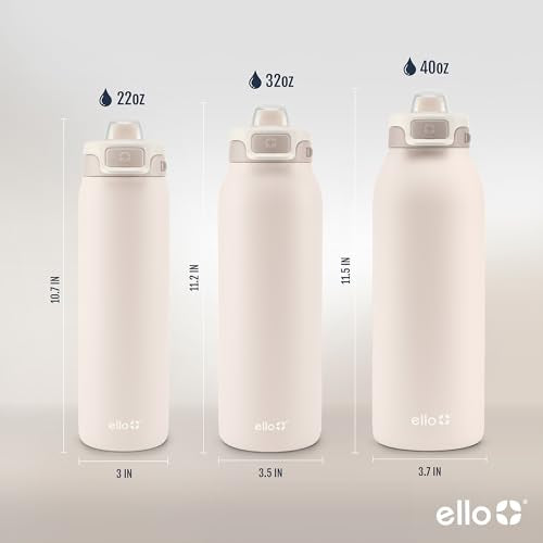 Ello Pop & Fill Insulated Stainless Steel Water Bottle with Quick Fill Lid, Leakproof Locking, Sip or Chug Spout, BPA-Free, Double Wall Vacuum Insulated for Sports, Travel & School- 22oz / 32oz / 40oz - color: Tonal Cream, style: 22oz
