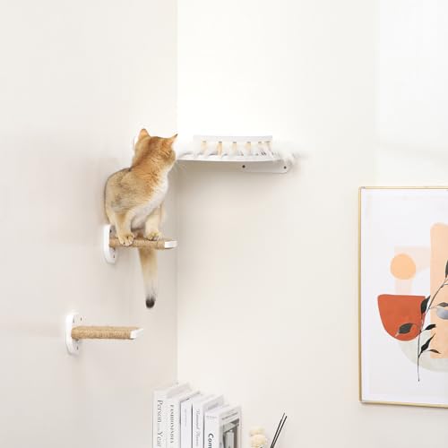 3-in-1 Cat Climbing Wall Steps with Hemp Rope, Shelves and Perches - Wall-Mounted Cat Furniture Set with Scratching Pads (White) - color: White