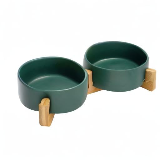 SPUNKYJUNKY Ceramic Dog and Cat Bowl with Wood Stand Non-Slip Matte Glaze Weighted Food Water Set for Cats &Small Dogs 13.5 OZ Green - color: Green × 2, size: 1.7 cups