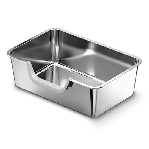 Stainless Steel Litter Box with High Sides,23.6" L X 15.7" W X 7.8" H,Extra Large Jumbo Cat Litter Box,XL Kitty Metal Liter Box for Indoor Big Cat,Non-Sticky,Anti-Leakage(Entry on Long Side) - size: Entry on Long Side