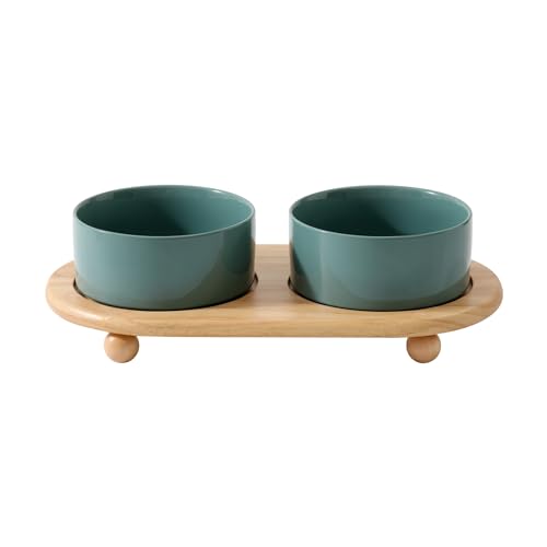 Havniva Raised Cat Bowl, 6.1” Elevated Ceramic Cat Food and Water Bowl Set | Cat Bowls Elevated, Whisker Friendly Cat Bowl, Non-Slip Wood Stand, Food-Grade Ceramic, Wide Opening, Dishwasher Safe - color: 2 x Bowl + Stand - Dark Green, size: 6.1inch