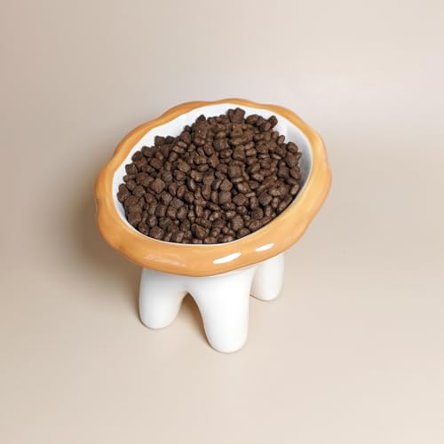 Lion Themed Tilted Ceramic Pet Bowl - High-Raised Cat/Dog Dish, 15° Anti-Regurgitation, 120g Large Capacity - color: Yellow Lion