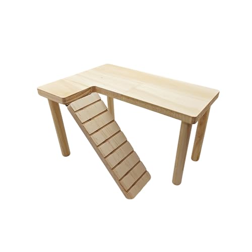 Natural Wood Hamster Platform, Hinge-Connected Ramp & Screw-Fixed Poles for Extra Stability, Chew-Safe Small Animal Loft for Cage Accessories, Gerbil, Mouse - size: medium-sized