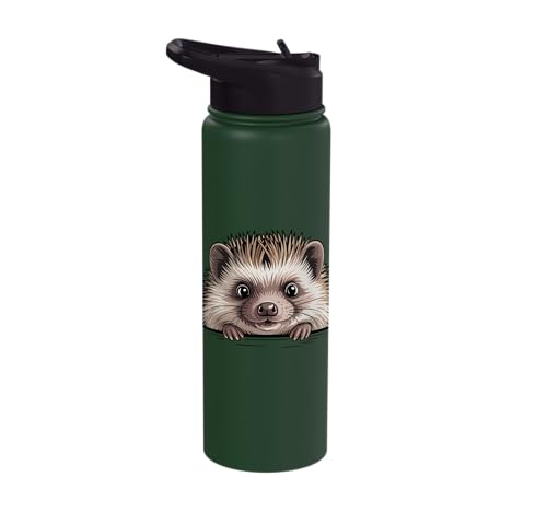 Hedgehog Cute Peeking Spiky Animal Lover Stainless Steel Insulated Water Bottle - color: Dark Green