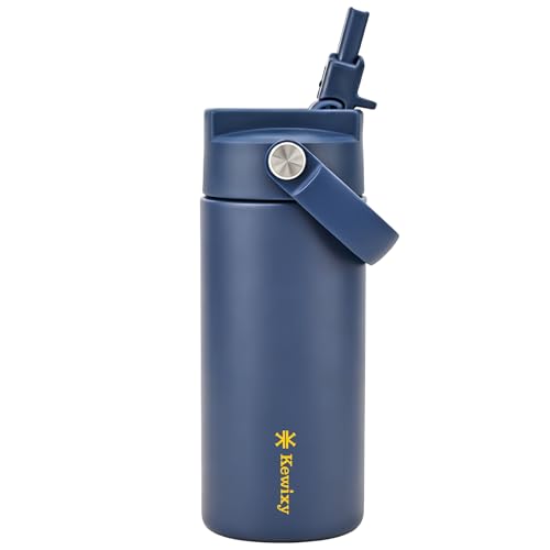 KEWIXY 14 oz Water Bottle with Straw, Easy Slide Lid, Leak Proof, Keep Cold 24H, Vacuum Insulated, Metal Stainless Steel with Handle for School, Blue - color: Blue, size: 14 Ounces