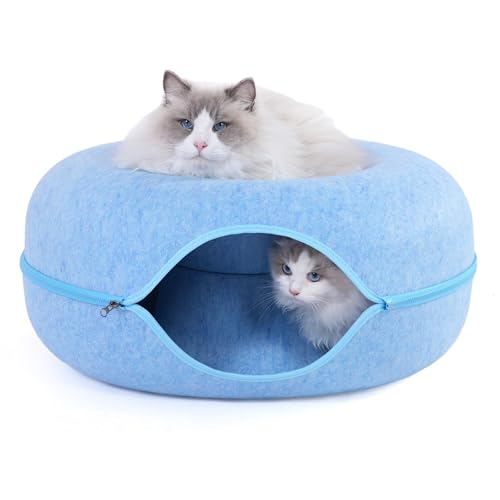 Large Cat Tunnel Bed for Indoor Cats with 3 Toys, Scratch Resistant Donut Cat Bed, Up to 30 Lbs (L 24x24x11, Blue) - color: Blue