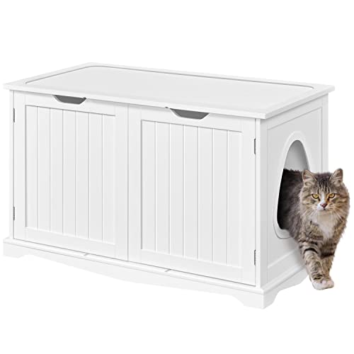 Yaheetech Cat Litter Box Enclosure, Box Cabinet Hidden, Wooden Pet Crate Kitty Washroom Storage Bench with Divider Home Litter Loo Indoor Cat House White - color: White, size: 37.5″ L × 21″ W × 23″ H