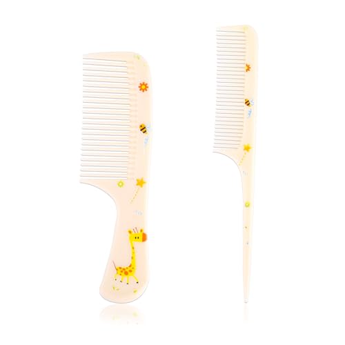 2pcs Baby Hair Comb Set, Yellow Giraffe Mini Fine Tooth & Rat Tail Comb | Cute, Tiny, Small, Plastic, Parting Combs for Toddler Women Girls Kids All Hair Types, Hairbrush Tools Accessories - style: Giraffe