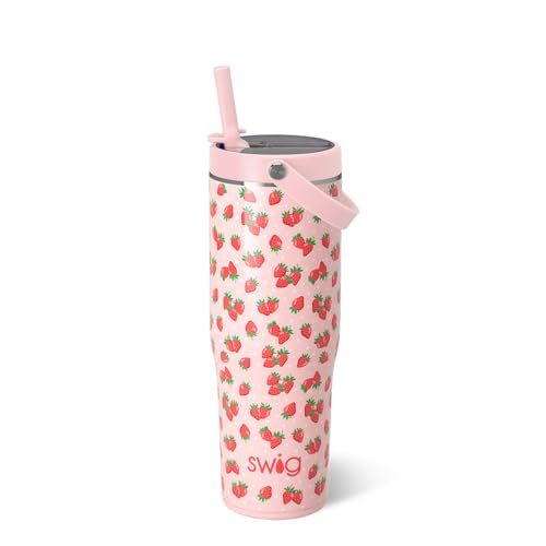 Swig Life 30oz Leakproof To-Go Tumbler with Handle, Strawberry Shortcake | Leakproof Lid - Triple Insulated Stainless Steel - Handle & Straw Included - Cup Holder Friendly - Dishwasher Safe - color: Strawberry Shortcake
