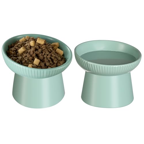 Ceramic Elevated Cat Bowls-Water Bowl, 15° Tilted Design, Anti-Vomiting & Spine Protection, Prevent Whisker Fatigue for Kittens to Adult Cats and Small Dogs (Green-15° Cat Bowls-2) - color: Green-15° Cat Bowls-2