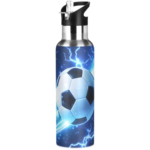 Soccer Water Bottle 20 oz, Blue Lightning Boys Sports Water Bottle, Insulated Vacuum Stainless Steel Mug with Straw Lid & Handle - color: B01