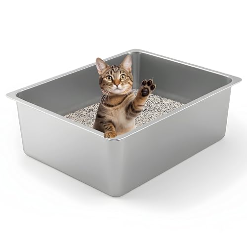 Kirecoo Large High Sided Stainless Steel Cat Litter Box, Non-Stick | Solid Metal Box, Odor Free, Non Stick, Rust Proof, Easy to Clean, Ideal for Cats, Kitten, Kitty & Rabbits, Indoor Use - size: 17.52" L x 13.58" W x 5.9" H