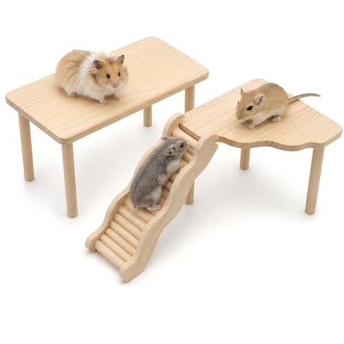 3-Piece Hamster Wood Platform Set with Wave Climbing Ladder, Natural Cage Accessories with Food & Water Stations, Climbing Enrichment for Dwarf, Syrian Hamsters, Mice & Gerbils