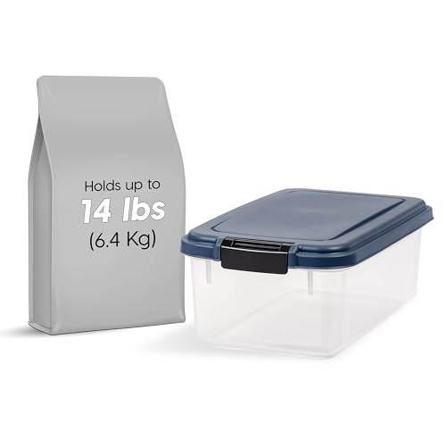 IRIS USA Airtight Dog Food Storage Container, Up to 14 lbs, Dog Cat Bird and Other Pet Food Treats Storage Bin, Dog Cat Wet Food Cans, Keep Fresh, BPA Free, Stackable, Navy | BPA-Free, Airtight Seal, Best for Cat Food, Bird Seed, Chicken Feed, Pet Toys, T