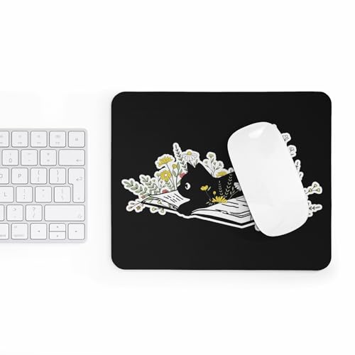 Mousepad Black Cat Reading Book with Flowers Cute Aesthetic Desk Accessory Unique Botanical Illustration Artistic Literary Style Computer Mouse pad Novelty Gaming Mouse Mat Office Decoration Creative - color: Cat Reading