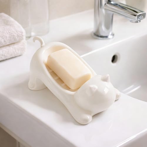 Cat Shape Soap Dish, Plastic Cute White Cat Soap Dish with Drainage Holes, Non-Slip Animal Sponge Holder Bathroom Storage Container for Bathroom, Sink, Tub Sink, Shower, Kitchen Counter