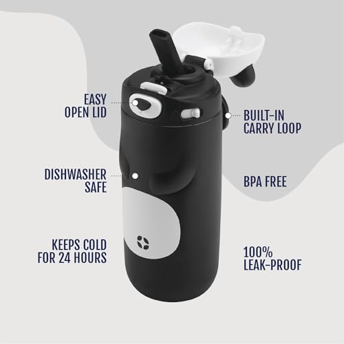 Ello Ellies 12oz Stainless Steel Leakproof Kids Water Bottle, Panda | Insulated kids water bottle with straw, leakproof locking lid, carry handle, and stainless steel fun animal design for school - color: Panda, size: 12 Ounces