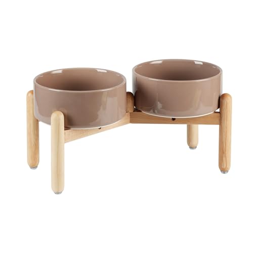 Havniva Elevated Dog Bowls Ceramic Dog Bowls with Stand, Dog Food Bowl | 7.3” Raised Dog Bowls with Non-Slip Wood Stand, Dog Food and Water Bowl Set, Double Dog Feeding Bowls for Medium Dogs - color: 2 Bowls+Stand - Brown Coffee, size: 7.3inch