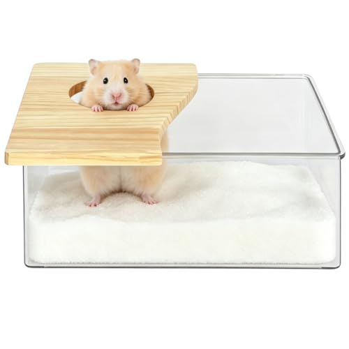 Clear Acrylic Hamster Sand Bath Box with Wood Lid Mini Pet Sandbox (C) | Transparent pet shower box with wooden cover easy clean digging hideout space saving corner design for Syrian Hamster - style: C
