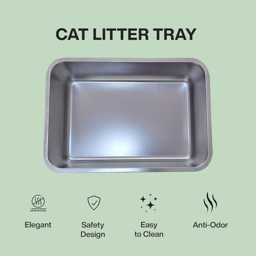 Stainless Steel Cat Litter Box – Large High-Sided Non-Stick Metal Pan with Anti-Slip Base, Easy-Clean Indoor Tray, 19.5" L x 13.5" W x 6" H in for Cats & Rabbits