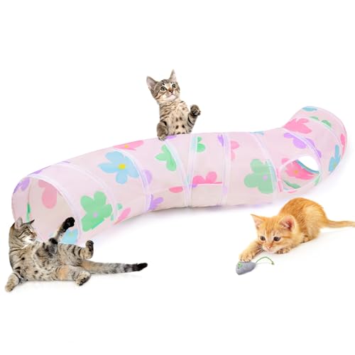 Glittme S-Shape Cat Tunnel, Foldable Cat Tunnels for Indoor Cats | Interactive Bunny Tunnel And Cat Tubes With Crinkle Sounds. Ideal For Kittens, Ferrets And Small Pets To Hide, Play Or Rest - color: Apricot flowers