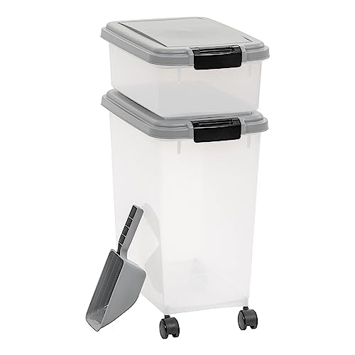 Amazon Basics 3-Piece Airtight Pet Food Storage Container Combo with Scoop, BPA Free, Removable Wheels, 33 QT + 12 QT - size: 45 QT (33 QT + 12 QT)